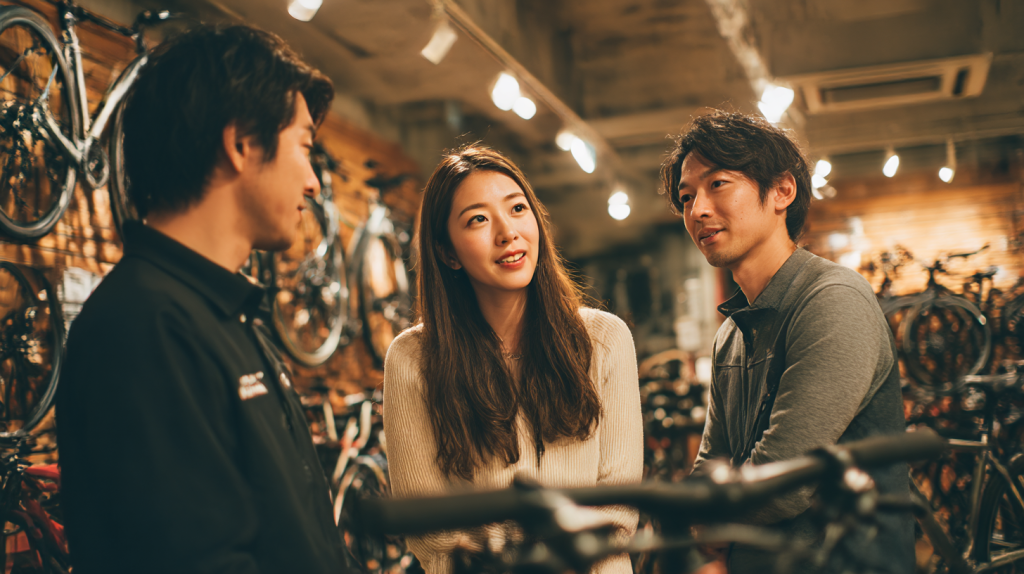 正規取扱店の日本人スタッフが初心者にクロスバイクの保証やメンテナンス体制を説明している場面のイメージ