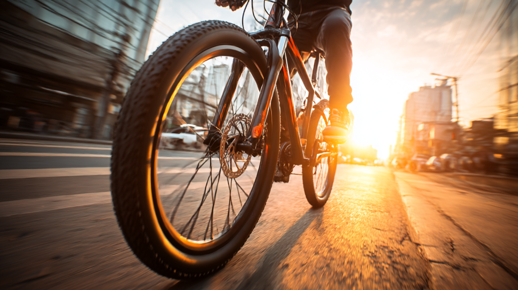 油圧ディスクブレーキと太いタイヤを装備した最新クロスバイクのホイール周りをアップで写した写真（2026年モデルのトレンドを説明するイメージ）