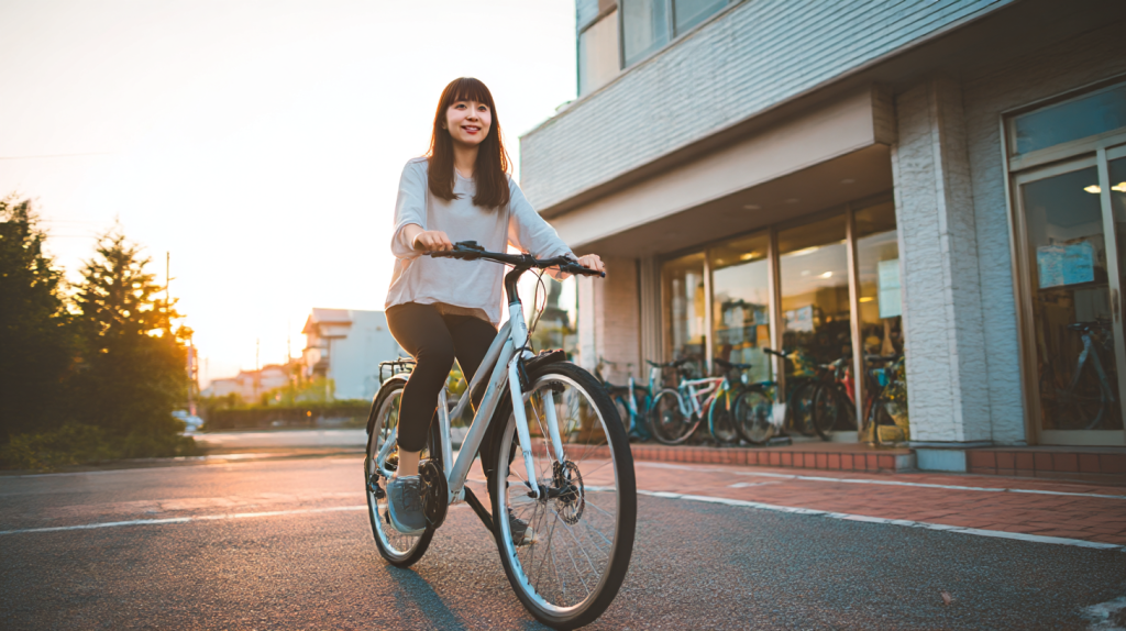 小柄な日本人女性がスタッガードフレームや小さいホイールサイズのクロスバイクにまたがり、安心して試乗している様子の写真イメージ