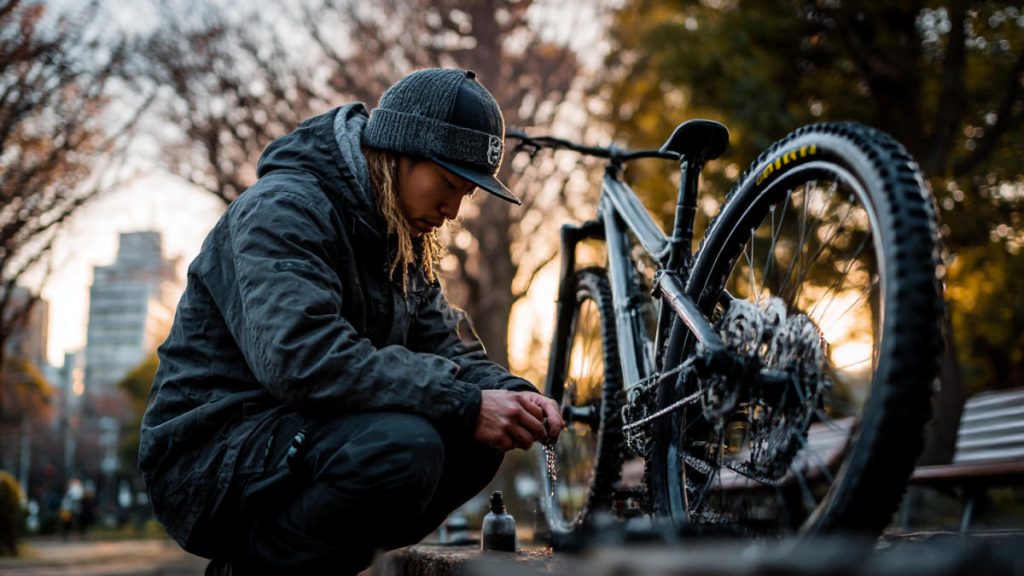 日本人メカニックやサイクリストがクロスバイクのチェーンを清掃・注油しているメンテナンス場面の画像