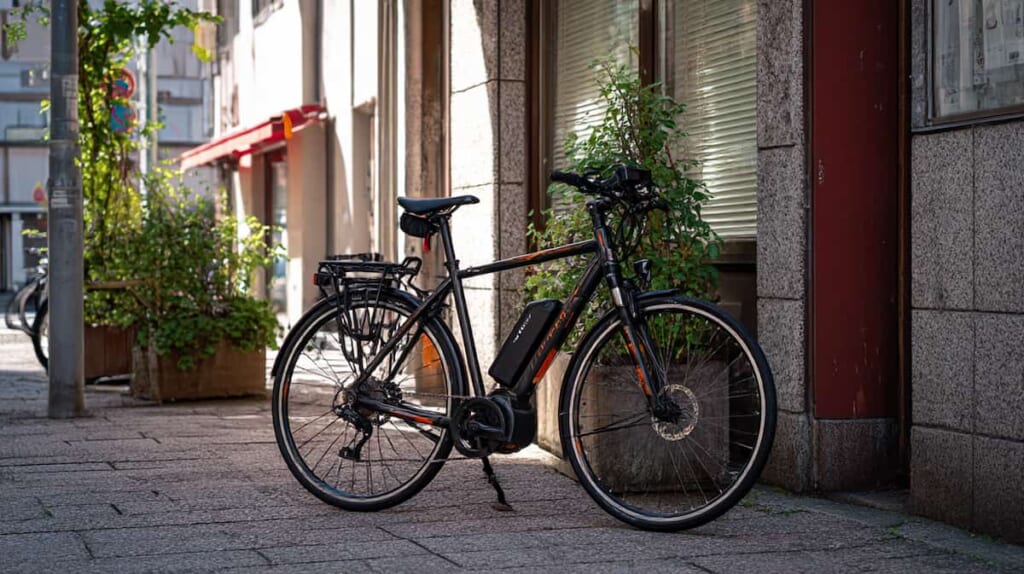電動自転車のバッテリー盗難対策をしている様子