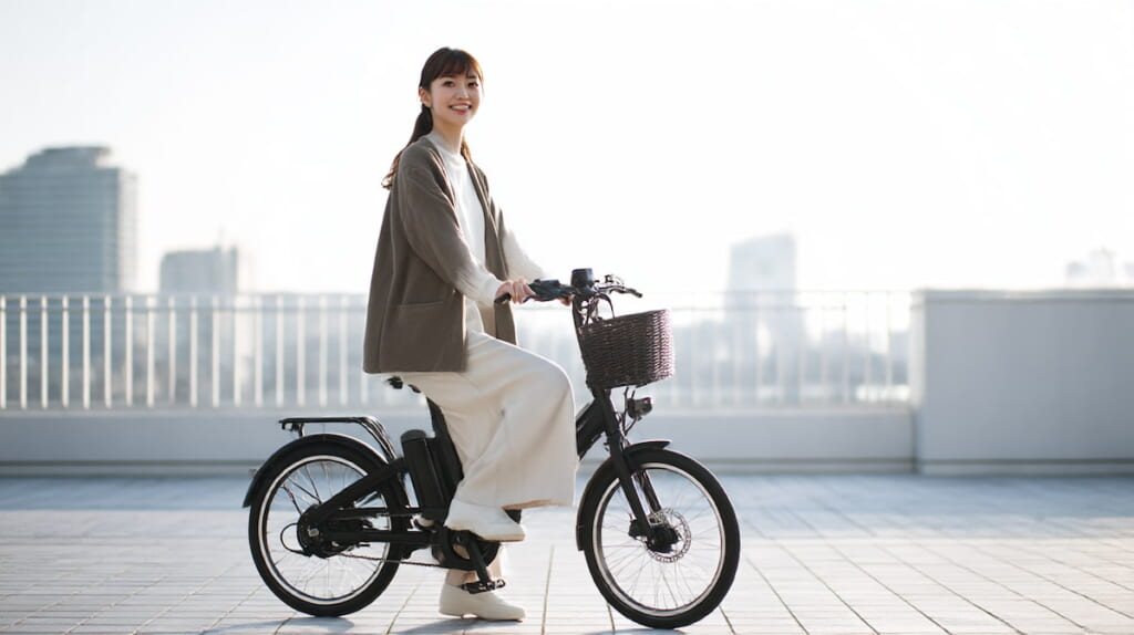 おしゃれな電動自転車に乗る日本人ママのイメージ