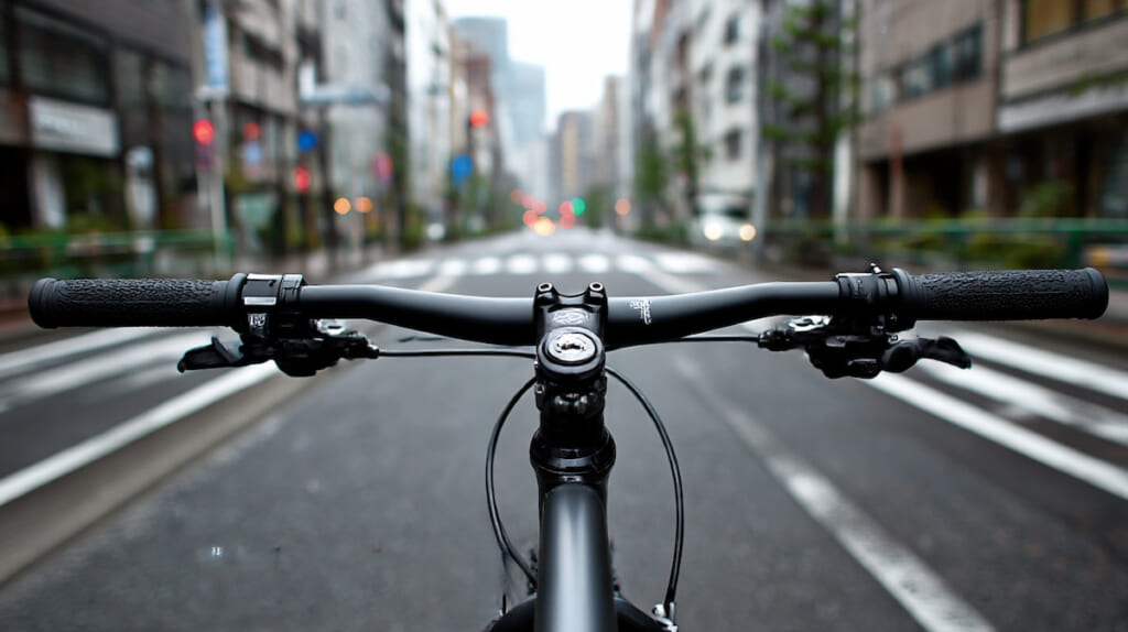 クロスバイクのハンドルにある左右の変速レバーを操作している日本人サイクリスト