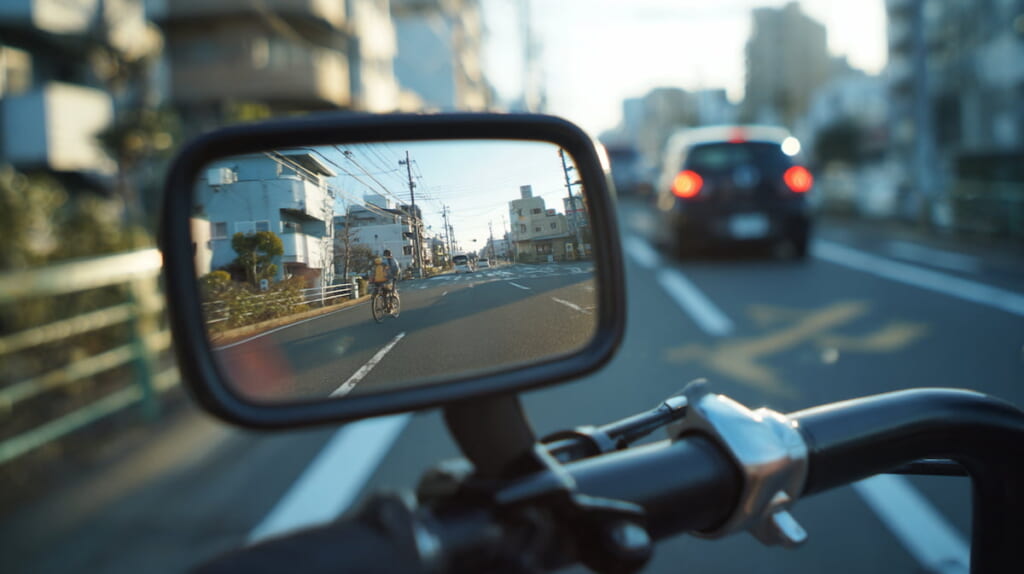 バックミラーで後方車両を確認しながら走行する自転車の安全対策イメージ
