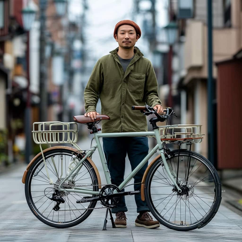 クロスバイクに前カゴを取り付けた日本人男性の通勤スタイル