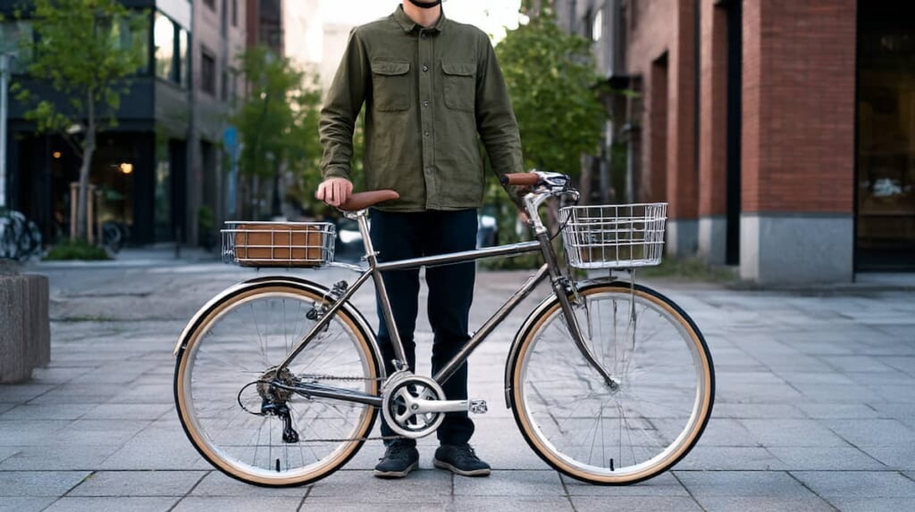 フロントラックとカゴ、センタースタンドを組み合わせたクロスバイク