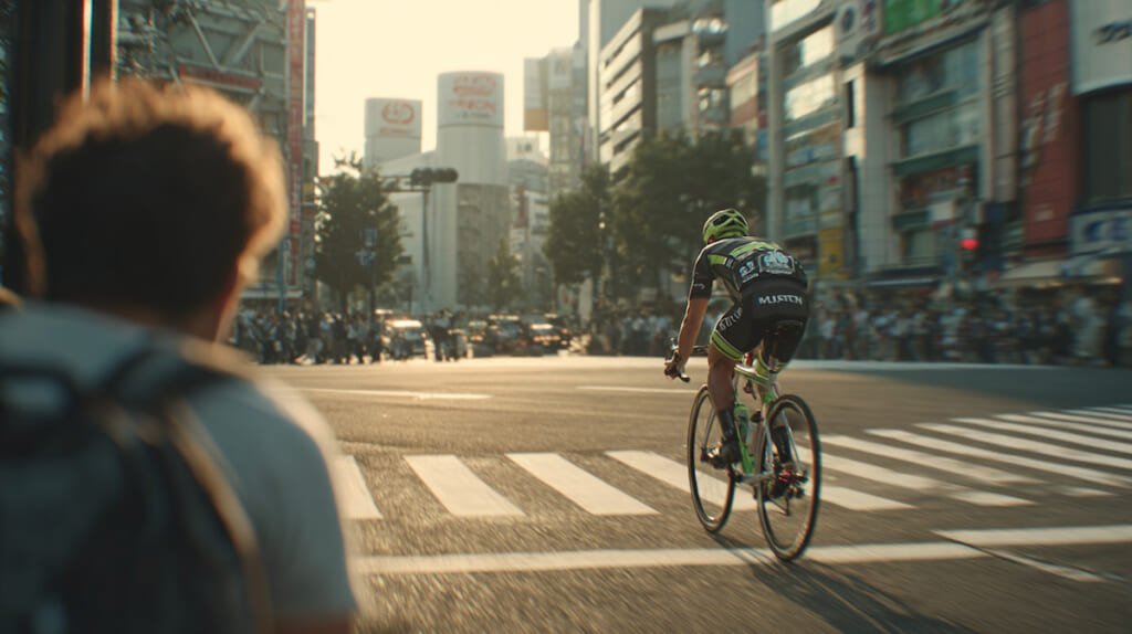 クロスバイクとロードバイクを見比べる日本人サイクリストが、ドロップハンドル化を検討しているイメージ写真