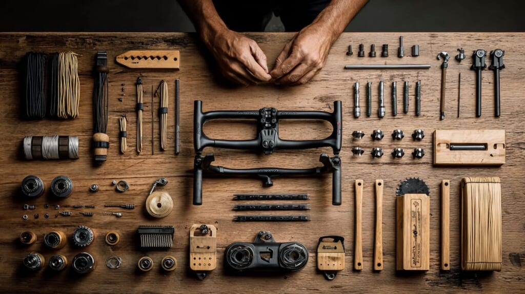 ドロップハンドル化に必要なSTIレバーやドロップハンドル、ステム、ミニVブレーキ、ケーブル類が作業台の上に整理されて並んでいる様子を上から撮影した写真。