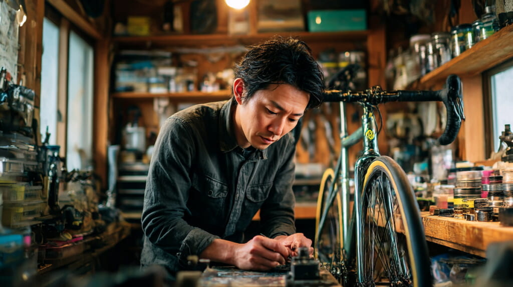 日本人サイクリストが自宅ガレージでクロスバイクを整備スタンドに載せ、ドロップハンドルやSTIレバーを取り付けながらケーブル類の取り回しとポジション確認を行っている様子を撮影した写真。