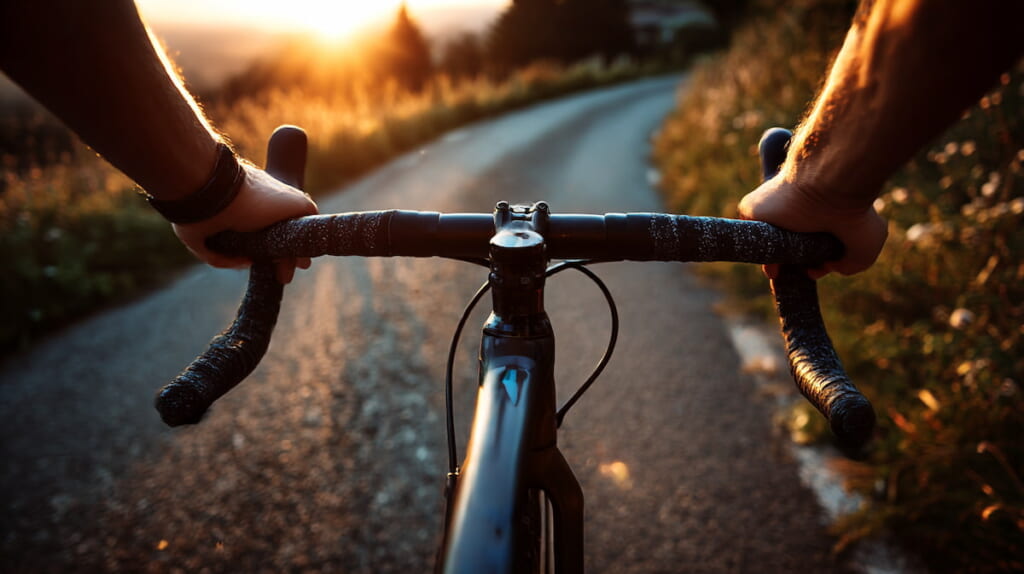 フラットバーにバーエンドバーやコーナーバーを取り付けたクロスバイクのハンドル周りを日本人ライダーの手元視点で写し、縦持ちポジションを取れる様子を示した写真。