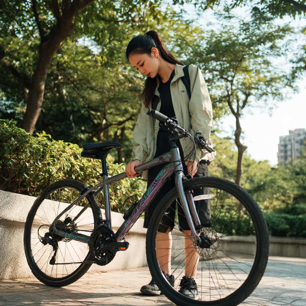 　クロスバイクのサイズ感を確認する日本人女性と実用的な装備イメージ