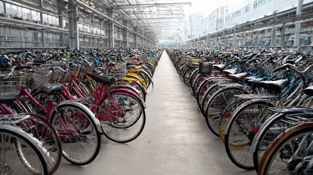 　駅の駐輪場に並ぶ多くの自転車とその中で埋もれる様子