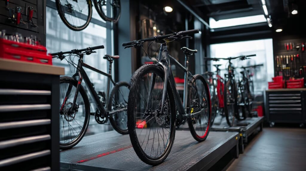 日本の自転車店で整備士がクロスバイクを調整し、実店舗購入の安心感を伝える画像