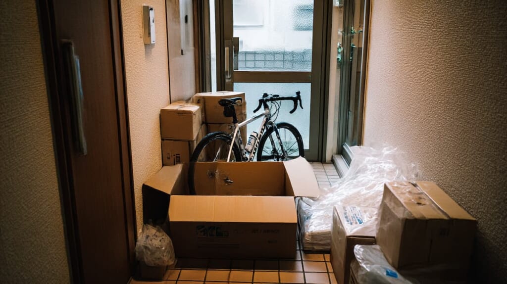 ネット通販で届いた半完成状態のクロスバイクと組み立て作業の様子を示す画像