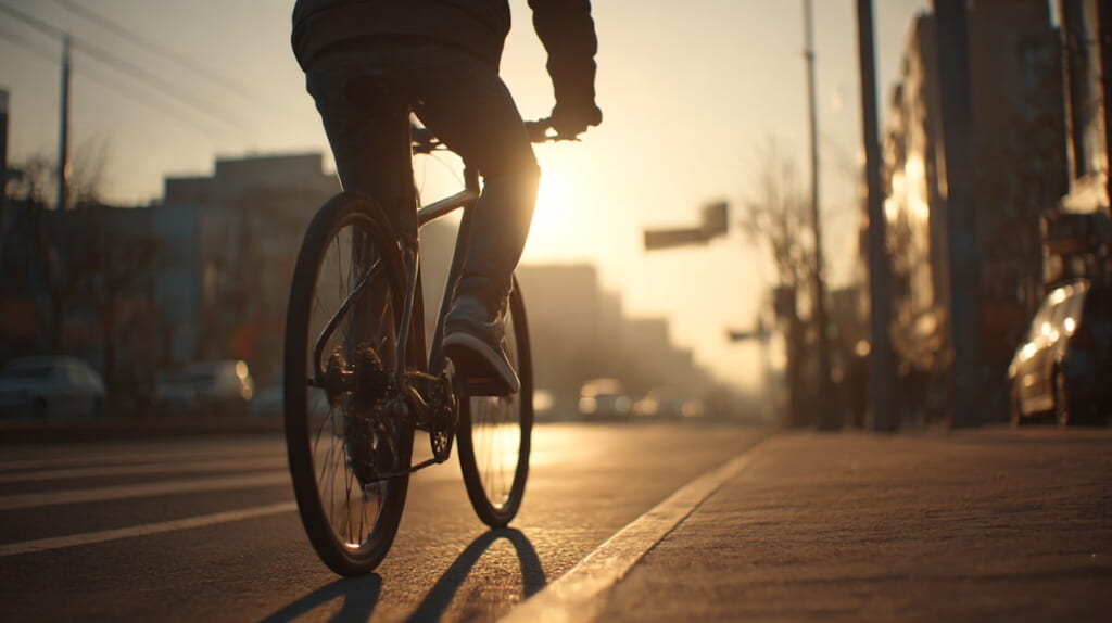 朝の都市部でクロスバイクに乗って通勤する日本人男性の様子