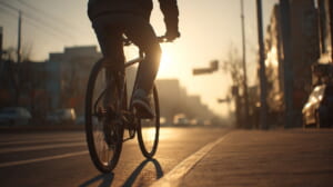 朝の都市部でクロスバイクに乗って通勤する日本人男性の様子