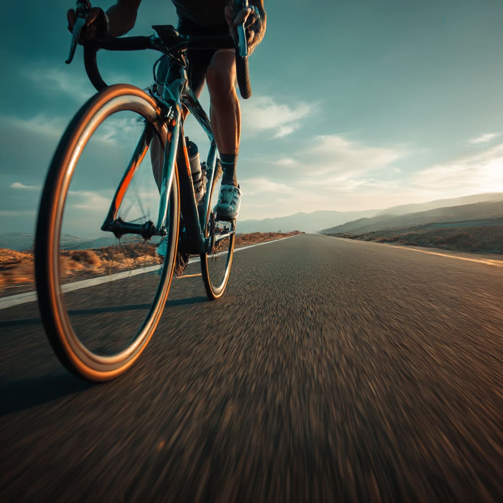 長距離を走行する日本人サイクリストの横からの走行シーン