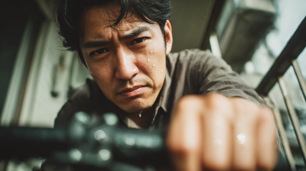 　自転車のハンドルが劣化してベタつき、触れた瞬間に不快感を覚える日本人男性の様子
