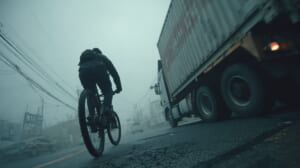 大型車に追い抜かれ恐怖を感じながら車道を走る日本人自転車利用者の様子