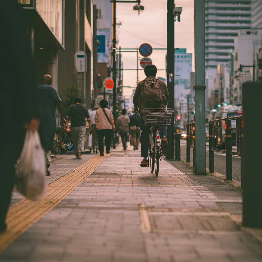 歩行者に配慮しながら歩道を徐行または押して進む日本人自転車利用者
