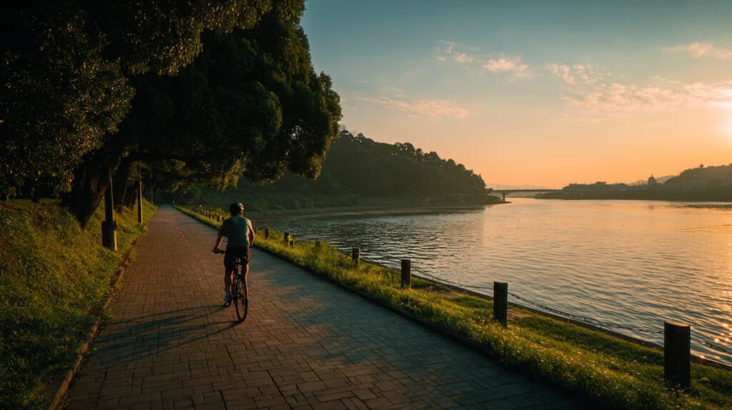 交通量の少ない裏道やサイクリングロードを走る安心感のある自転車風景