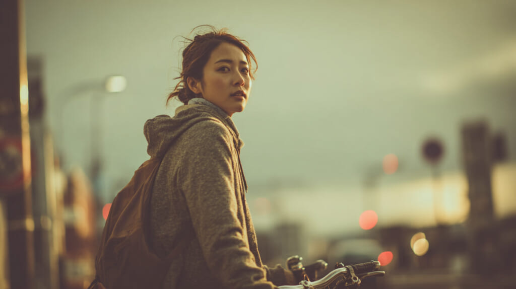 危険な車道を避け、自転車を降りて押しながら安全を選択する日本人女性