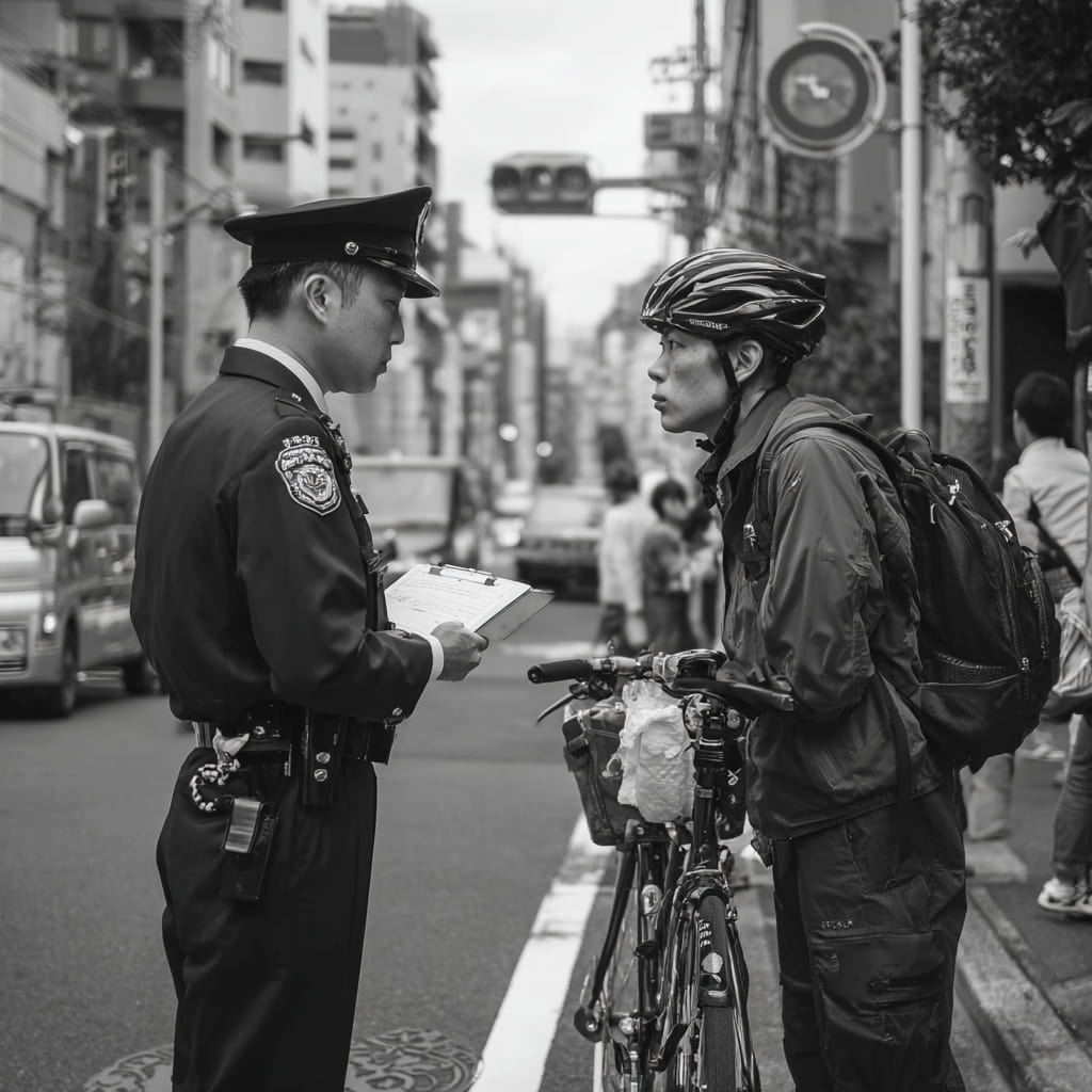 警察官が自転車利用者に声をかけて交通指導を行っている様子