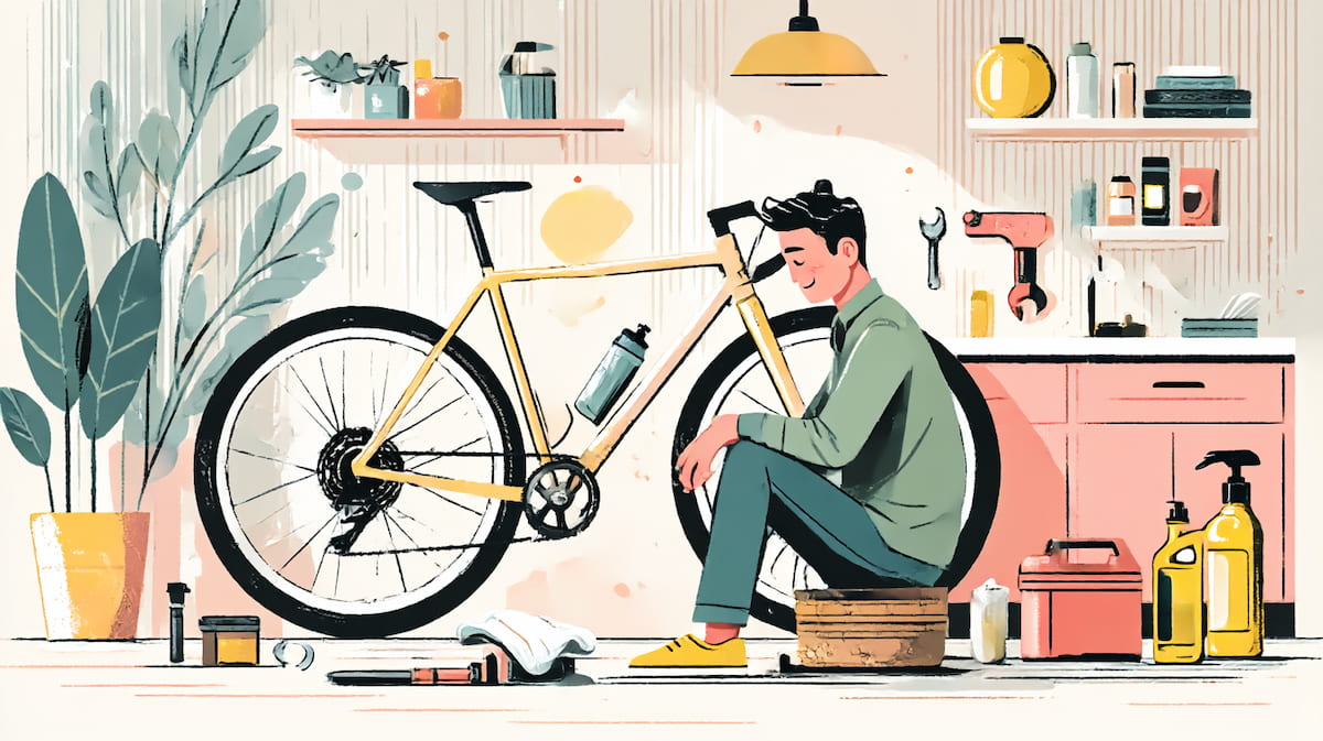 玄関先でクロスバイクの空気入れや工具を準備する日本人サイクリスト