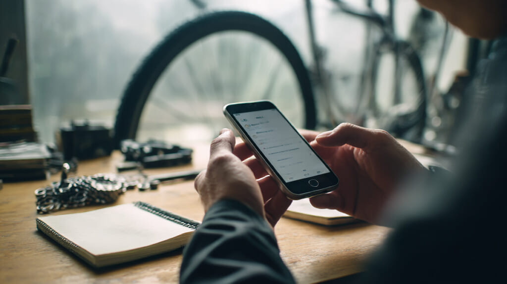 レンダーと走行距離のイメージでメンテナンス時期を示すクロスバイク用品の俯瞰