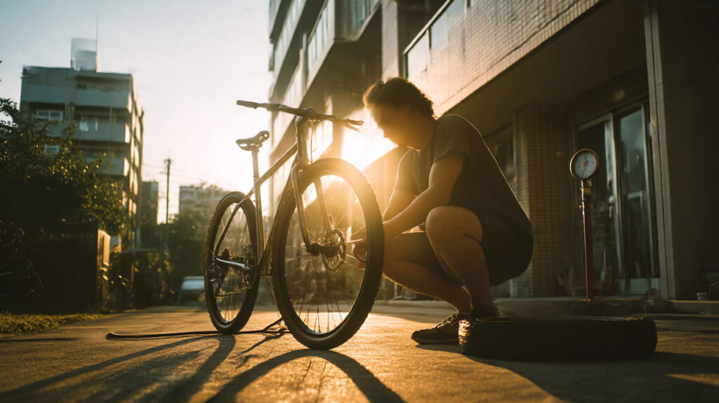 仏式バルブのタイヤにゲージ付きフロアポンプで空気を入れる手元のクローズアップ