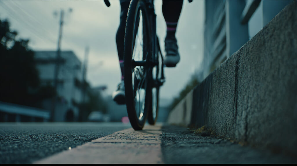 段差でタイヤが潰れてリム打ちパンクが起きやすい状態を示すクロスバイクの前輪