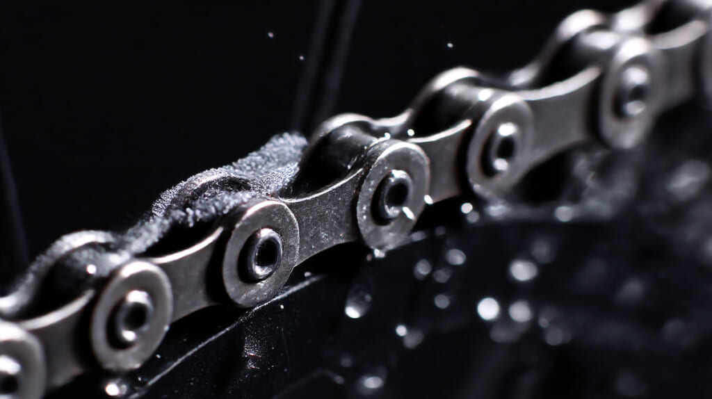 チェーンを洗浄して注油後にウエスで拭き取るメンテナンス作業の様子