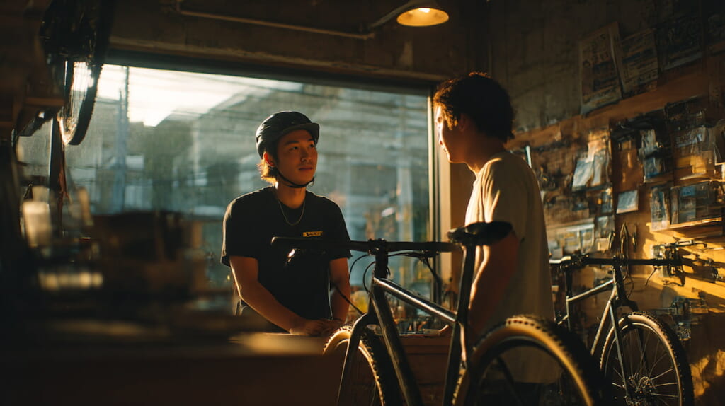 自転車ショップで整備士がクロスバイクを点検し安全確認を行っている様子