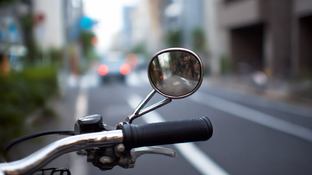 自転車用バックミラーで後方の車両を確認できる様子