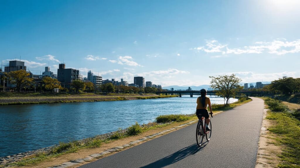 交通量の少ない裏道や川沿いを自転車で走る安全で快適なルートのイメージ