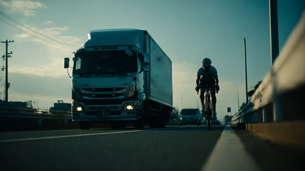 車道で適切な位置取りを行い、トラックに安全な追い越しを促す自転車の走行イメージ