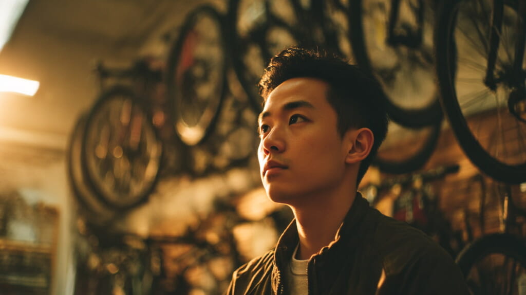 クロスバイク選びに悩んでいる若い日本人男性のイメージ