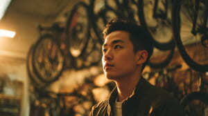 クロスバイク選びに悩んでいる若い日本人男性のイメージ