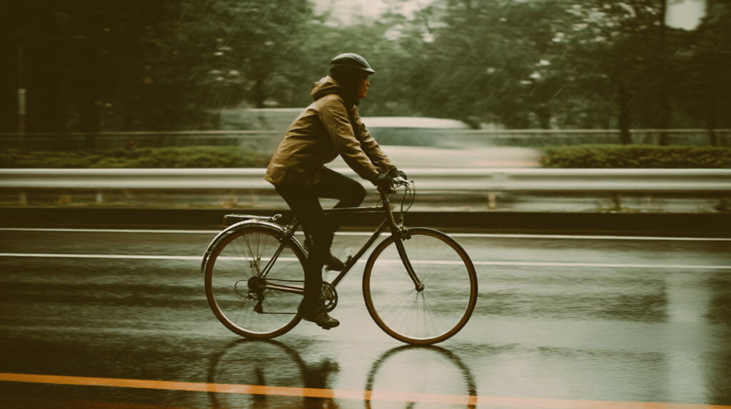 雨の日にフルフェンダー付きクロスバイクで走る日本人通勤者の画像