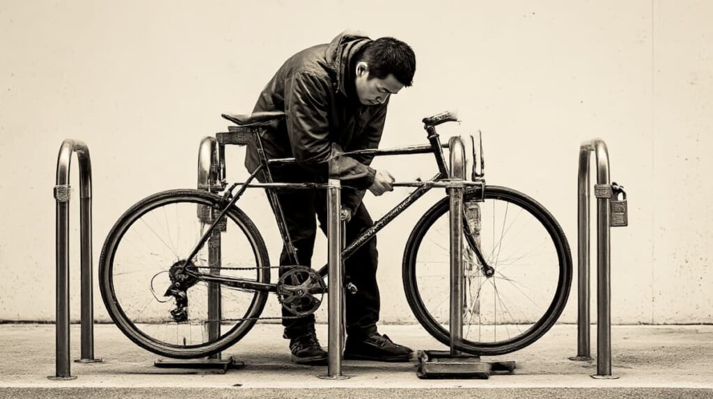 クロスバイクを地球ロックとダブルロックで固定する日本人のイメージ