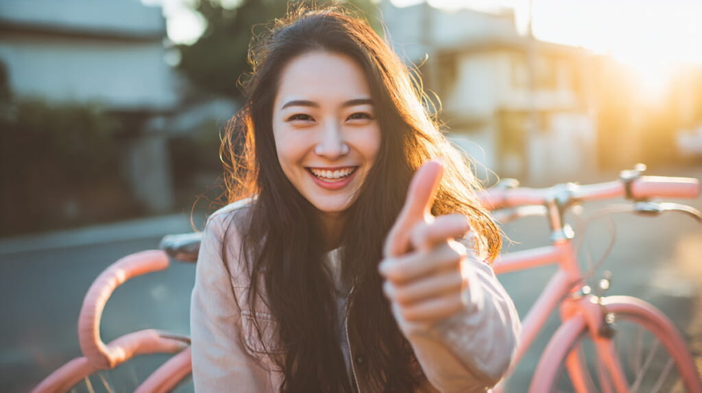 お気に入りのクロスバイクを嬉しそうに見つめるアジア人女性