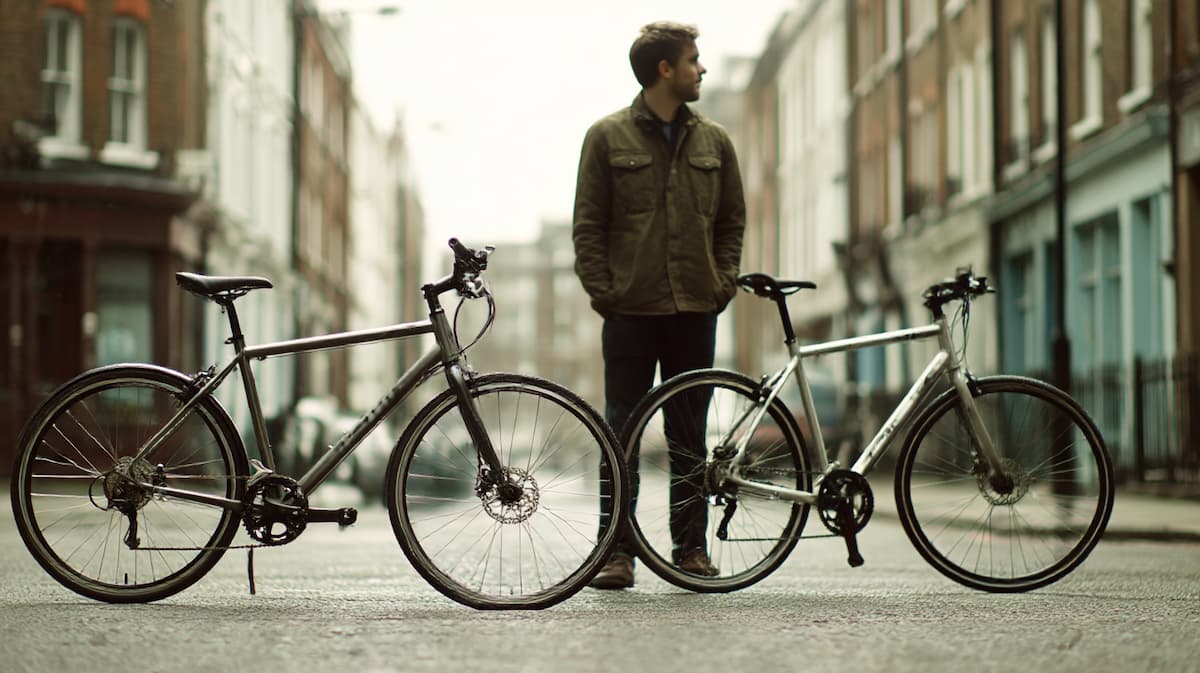 　GiantのESCAPE R3とRX3を日本人男性編集者が街中で比較している様子