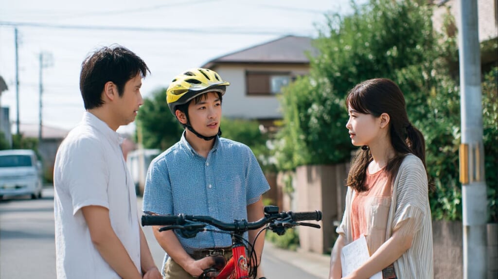 自転車に乗る高校生とそれを見守る日本人の親