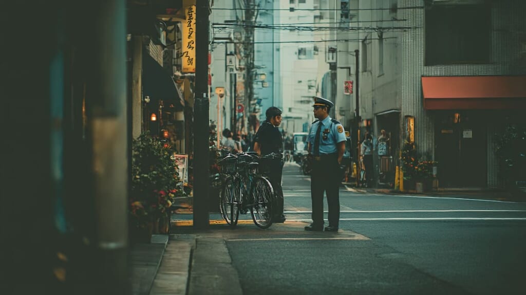 警察官から自転車の交通ルールについて説明を受ける日本人利用者