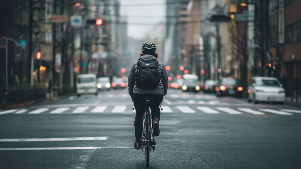 2026年の自転車ルール改正を前に、不安な表情で通勤中の自転車に乗る日本人男性