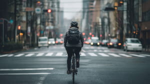 2026年の自転車ルール改正を前に、不安な表情で通勤中の自転車に乗る日本人男性