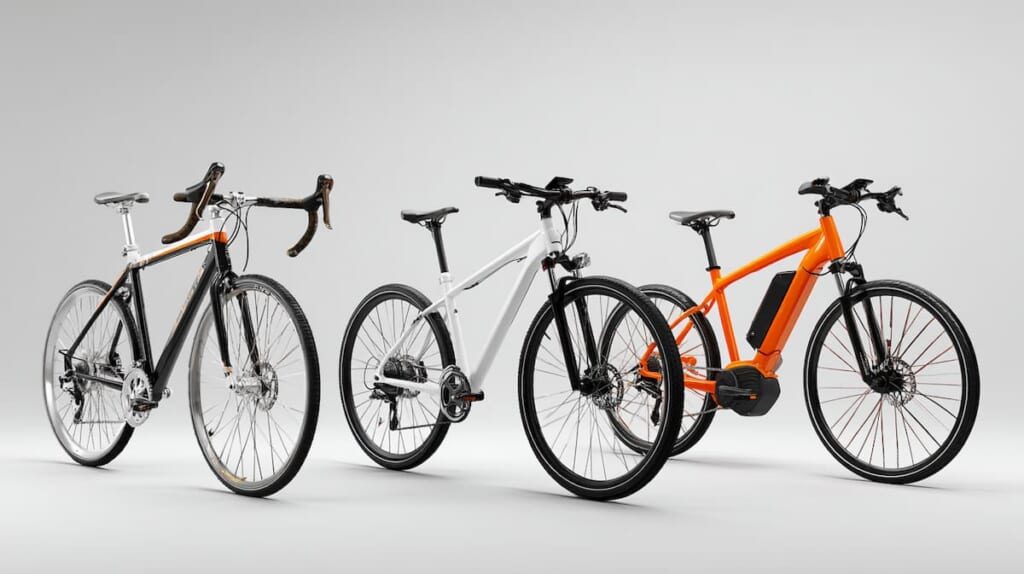 クロスバイクとロードバイク、電動自転車の比較イメージ