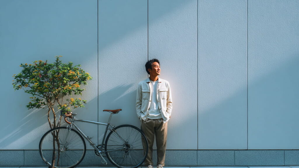 クロスバイクでスマートに通勤する40代の日本人男性