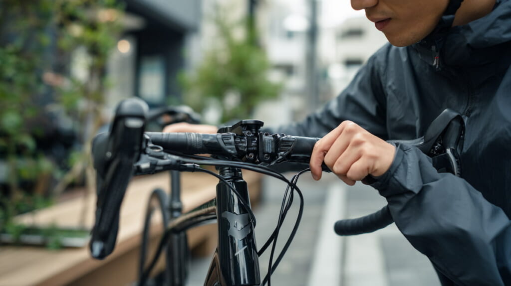 クロスバイクのハンドル高さを調整し、快適なポジションを確認する日本人サイクリストの様子
