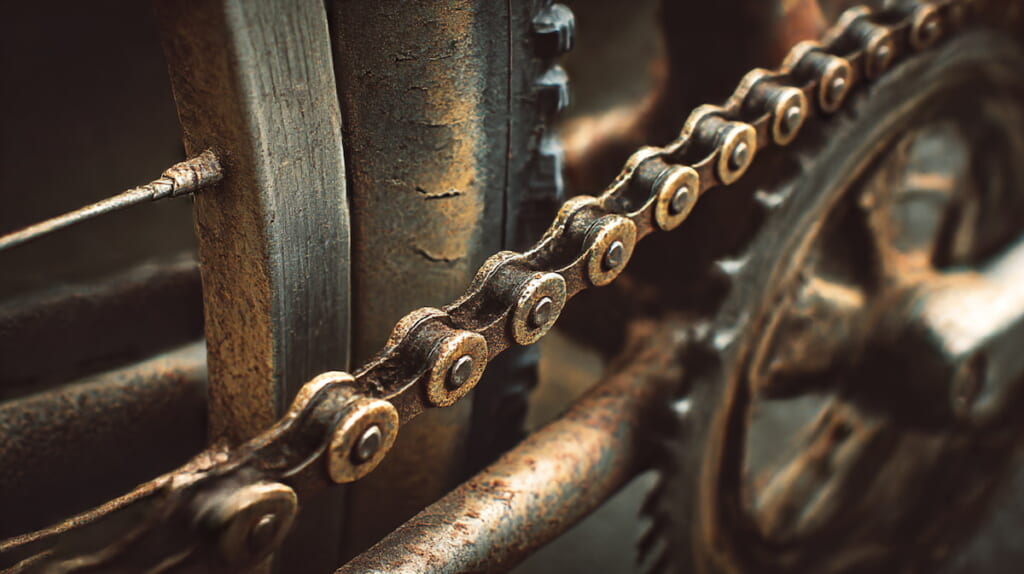 劣化したチェーンとタイヤのアップ写真